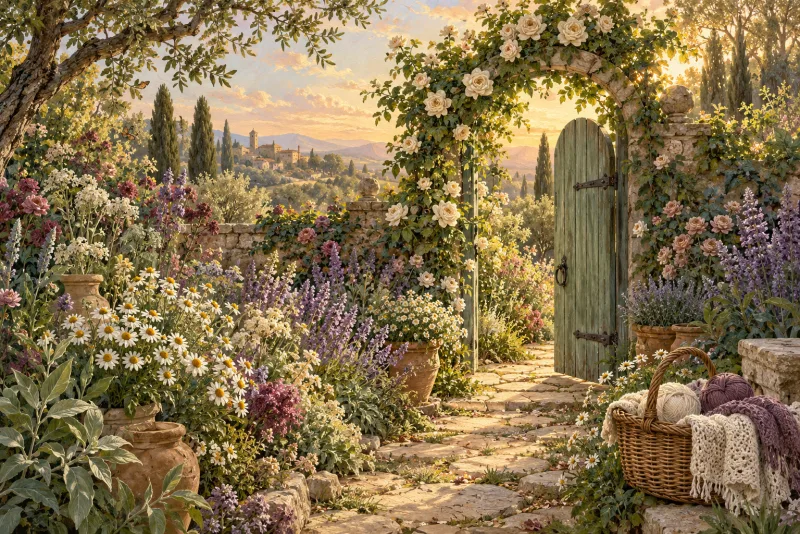 Illustrated garden gate opening onto a flower-lined path