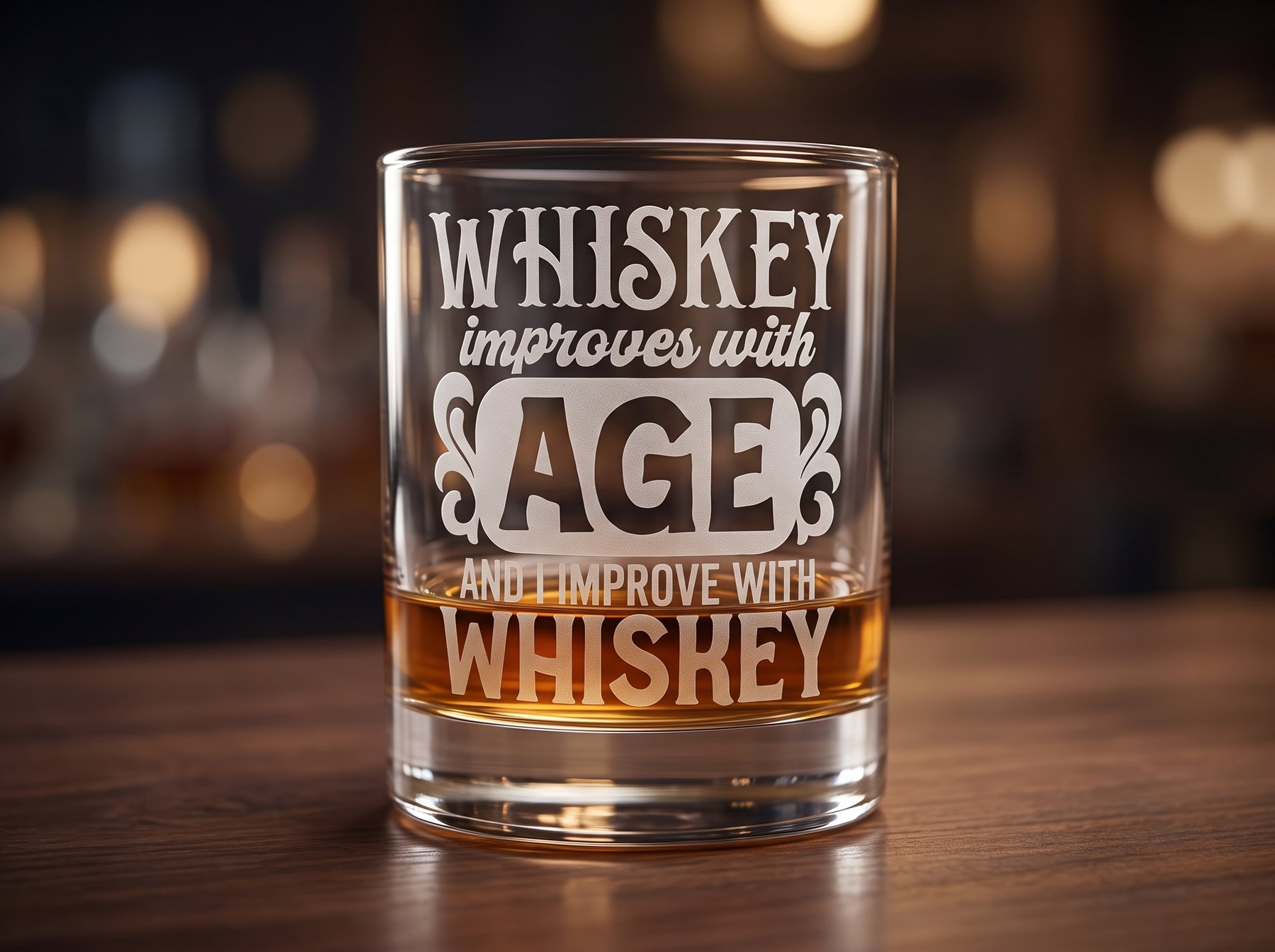 The etched whiskey glass with a pour of whiskey on a walnut bar