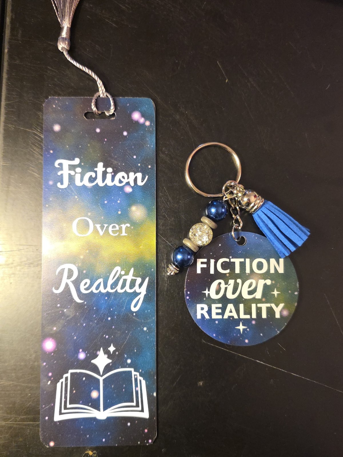 Fiction Over Reality Bookmark and Keychain