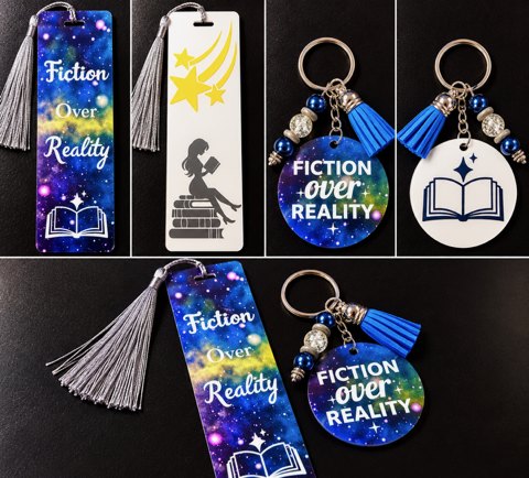 Fiction Over Reality bookmark and keychain shown front and back